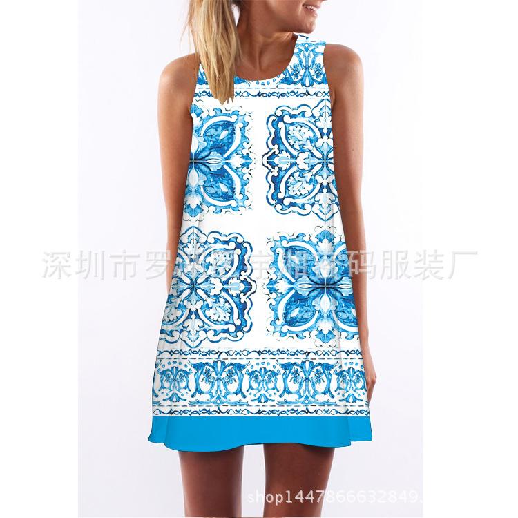 European Station European and American new digital printing crew neck hot-selling summer dress S