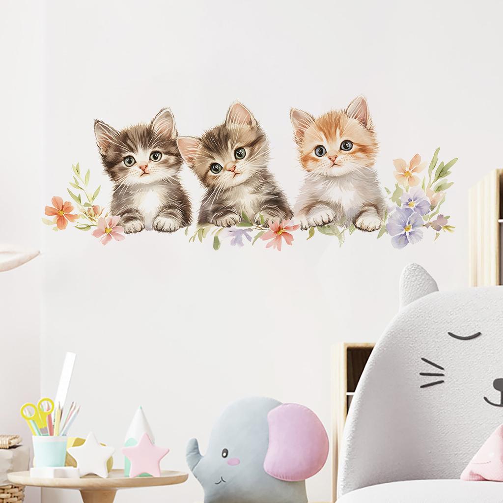 Cartoon Cute Three Kittens Wall Sticker Kids Room Living Room Wall Decoration Self-Adhesive Home Decor