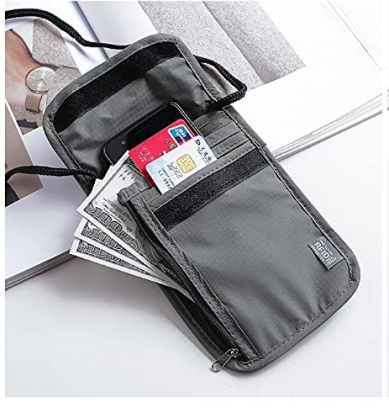 Chaiclo Passport Case with RFID Guard and Neck Pouch for Small Storage Hanging Neck Holder with Back Zipper Security, Travel, Pockets, (Gray)