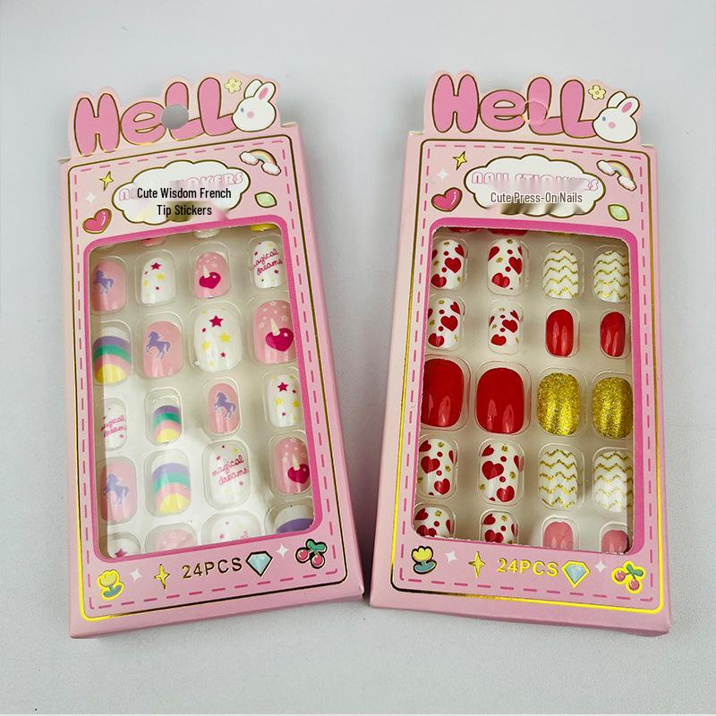 24-Piece Self-Adhesive Nail Art Stickers for Kids & Women - Wearable Jelly Glue, Cute Designs