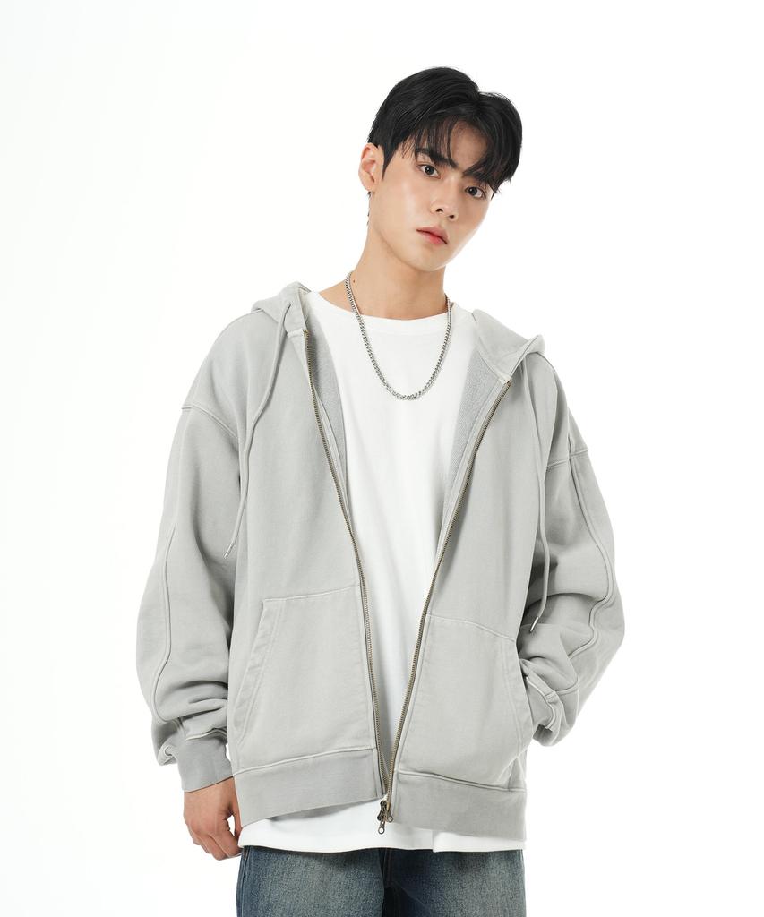 Mozmoz Heavyweight Pigment Cut Two-Way Oversized Zip-Up Hoodie Gray