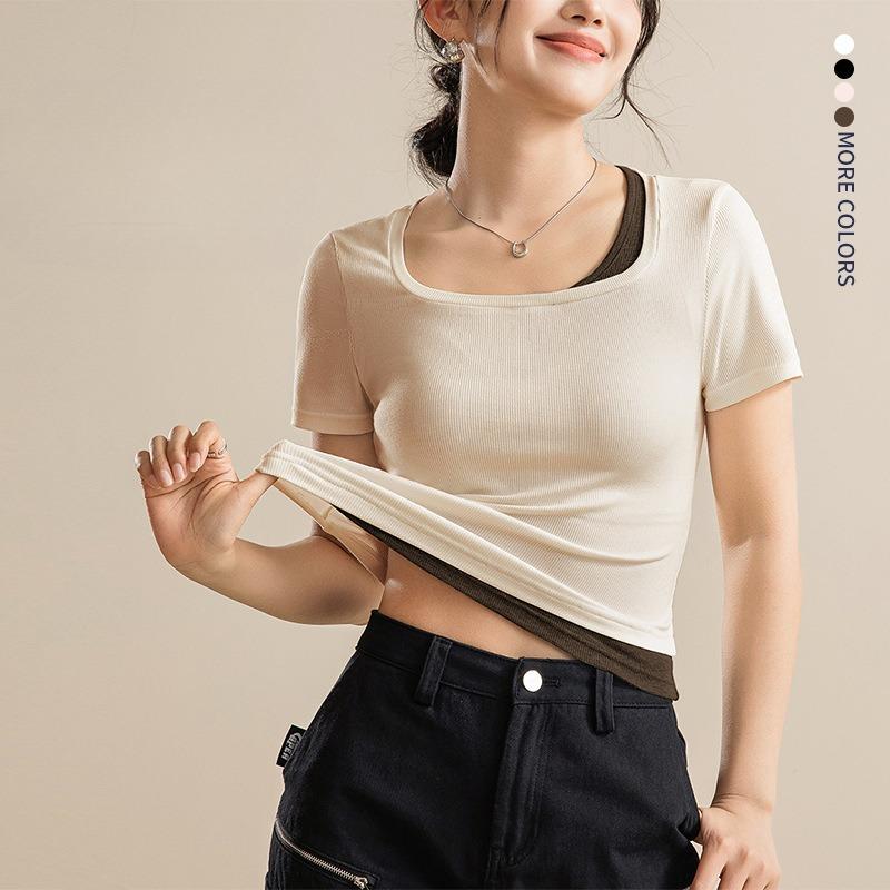 Trendy Womens Basic T-Shirts Round Necked Short Sleeve Summer Tops Slim Fit Tees Y2k Clothing Patchwork Classic-Fit Ribbed Knit Going Out Crop Tops
