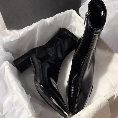 Black Short Boots Women's High Heels Autumn and Winter New Velvet Thick Heels Small Ankle Boots Rear Zipper Elastic Square Head Thin Boots