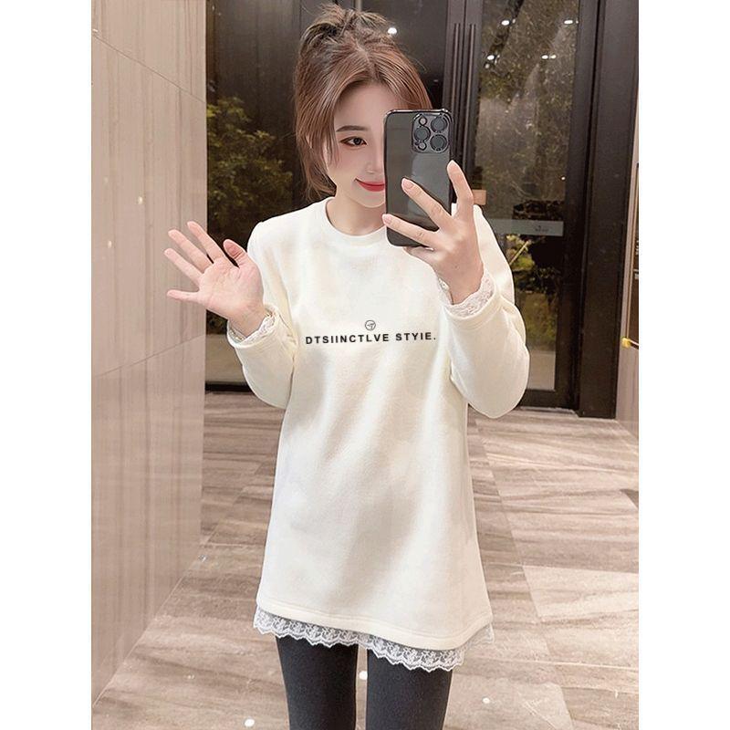 

Women s Plush Lace Trim Mid-Length Long Sleeve T-Shirt - Autumn/Winter Slimming Base Layer 2XL - Recommended for 140-160 jin