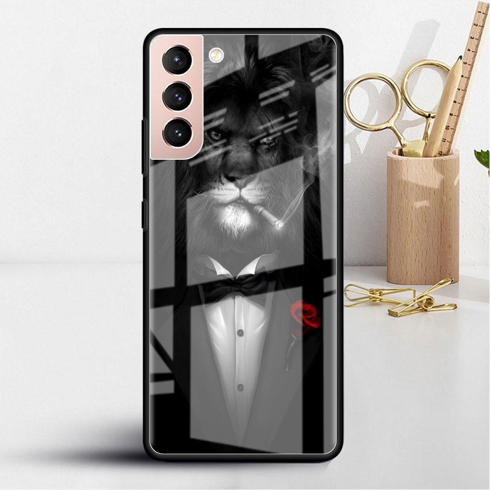 Glass Case For Samsung Galaxy S22 S20 FE S21 Plus Phone Cover S10 5G S9 Note 20 Ultra 10 Lite Shell Wolf Lion Animal