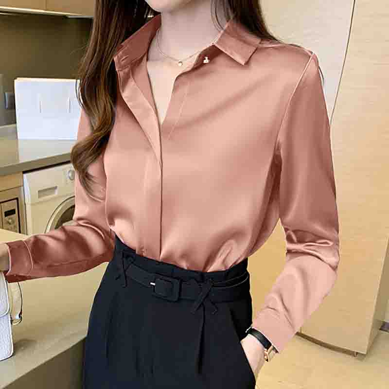 Neue Mode Herbst Langarm Frauen Hemd Drehen Unten Kragen Büro Dame Weiß Satin Bluse Shirt Frauen Tops J738