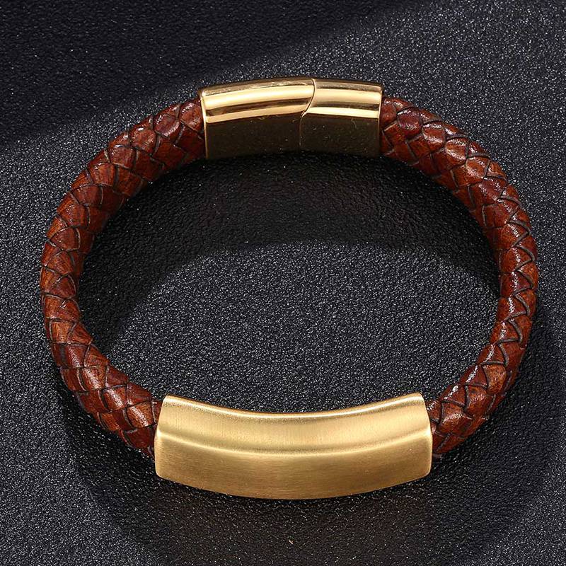 Vintage Men Bracelet Brown Leather Bracelet Gold Color Stainless Steel Buckle Bracelet Fashion Jewelry Gift