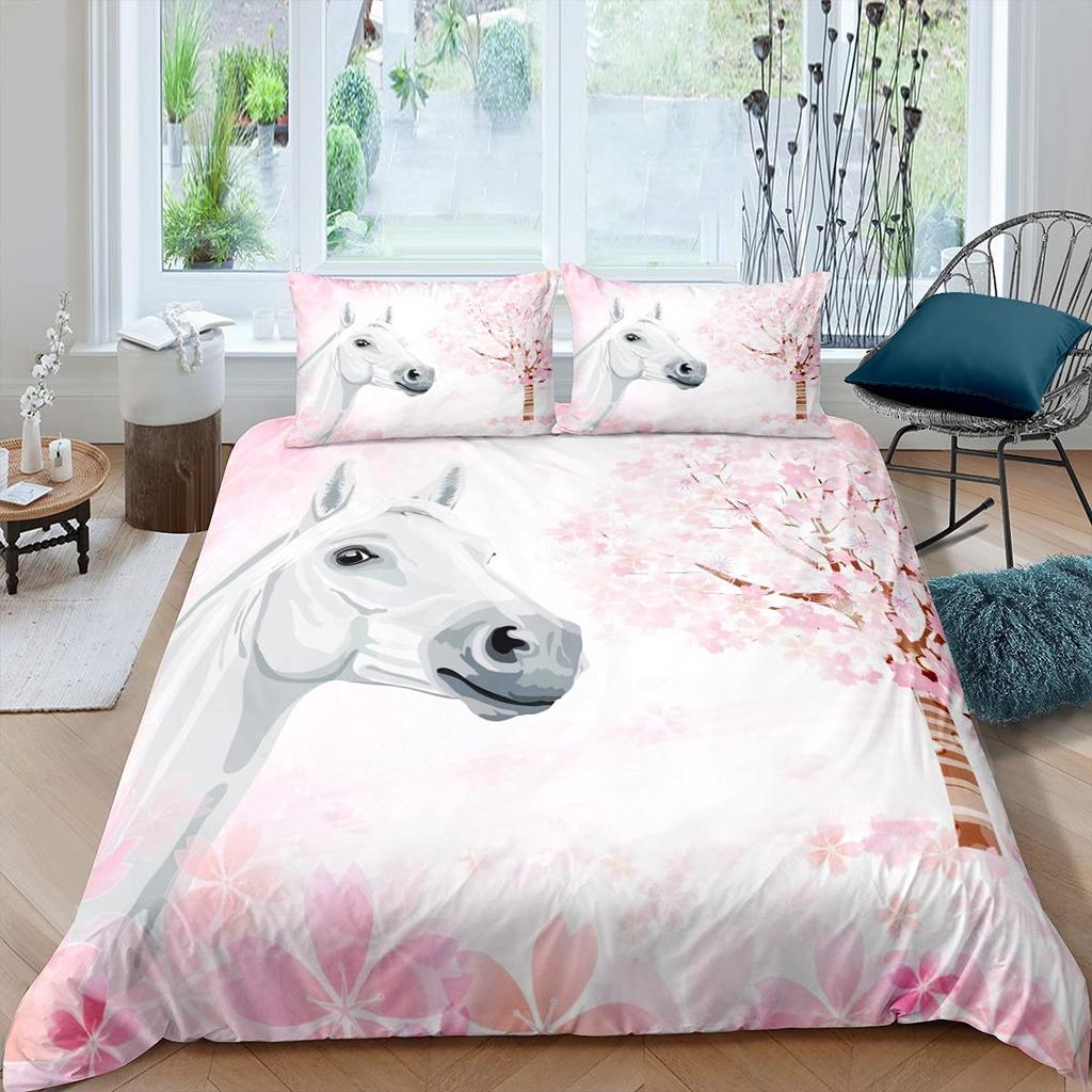 White Horse Pink Cherry Blossom King Full Bedding Set Watercolor Floral Duvet Cover Animal Quilt Cover Polyester Comforter Cover