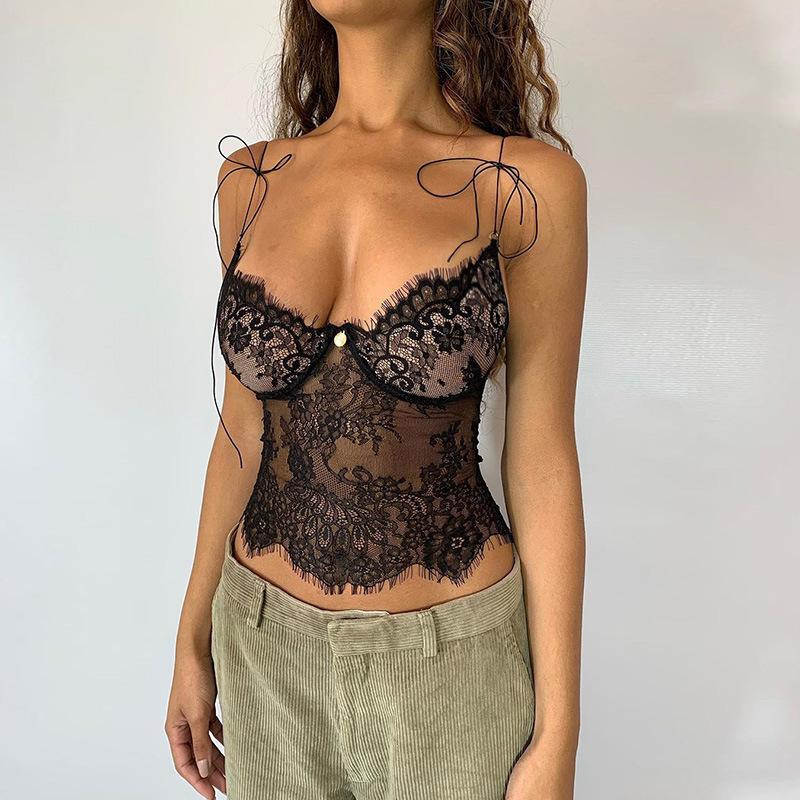 

Summer new low-cut deep V perspective vest European and American style lace tight small suspenders S чёрный