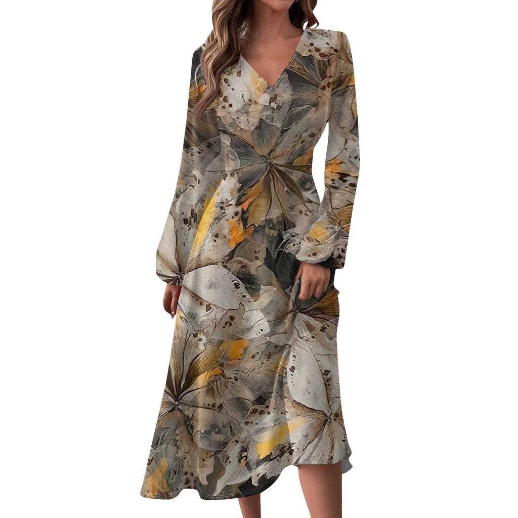 Women's  And Winter Casual Fashion V-neck Long Sleeve  Print Long Dress