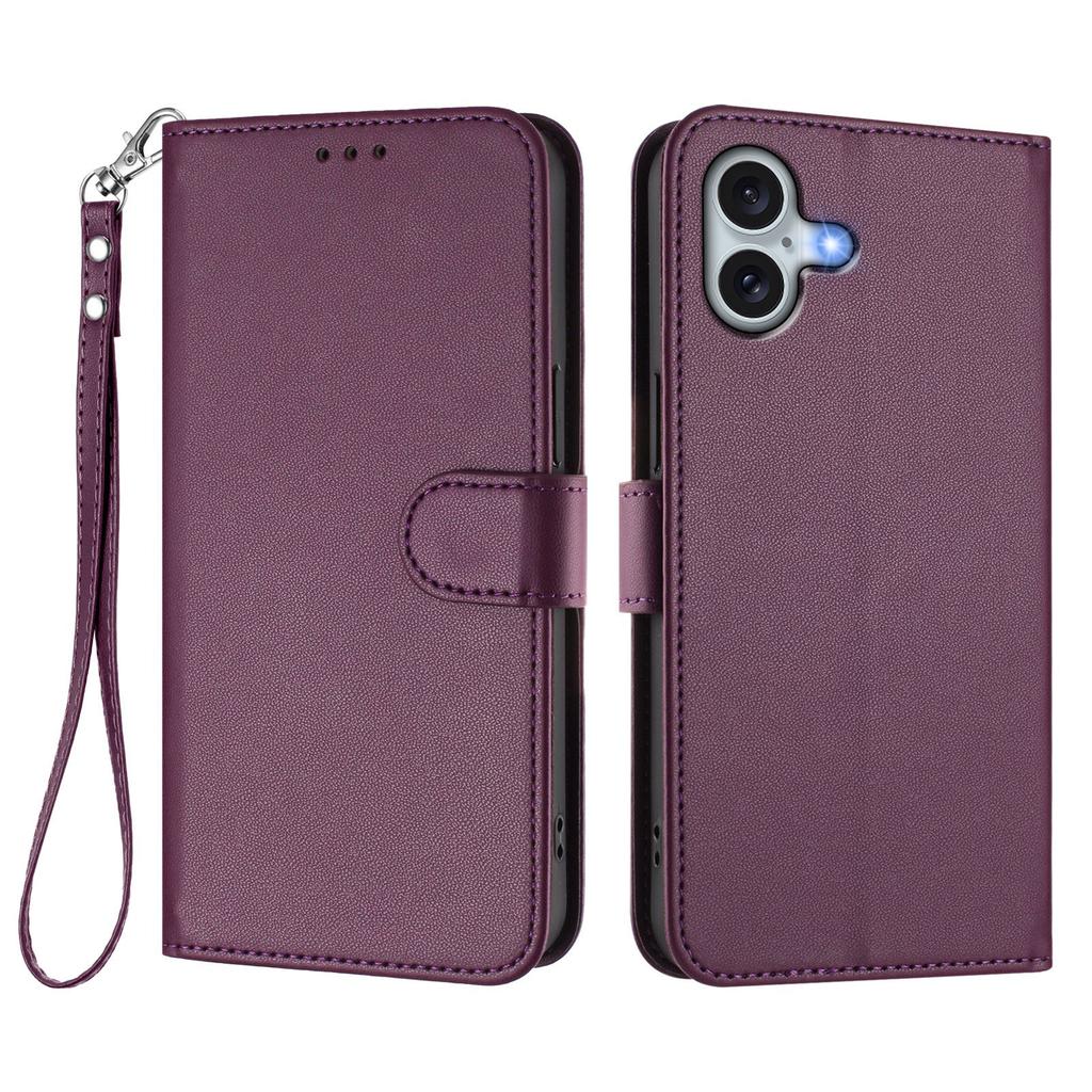 For iPhone 16 Plus Leather Case Wallet Stand Phone Cover with Wrist Strap