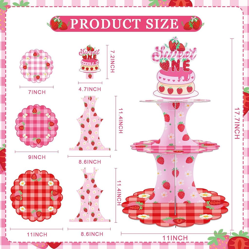 Strawberry Cupcake Stand Decorations - Berry First Birthday Table Decor 3 Tier Cake Dessert Paper Tower Pastry Holder Shortcake Tiered Topper for