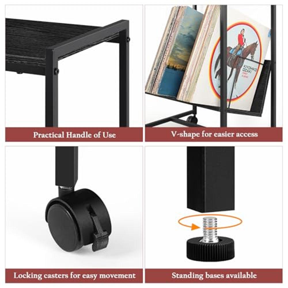 Record Player Table,2 Tier Record Player Stand,Vinyl Record Stand Storage with 4 Wheels, Turntable Stand for Bedroom Living Room