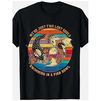 Men'S Casual Graphic T-Shirt - "We're Just Two Lost Souls Swimming In a Fish Bowl" Design, Black with Colorful Fish Print, Short Sleeve, Round Neck,