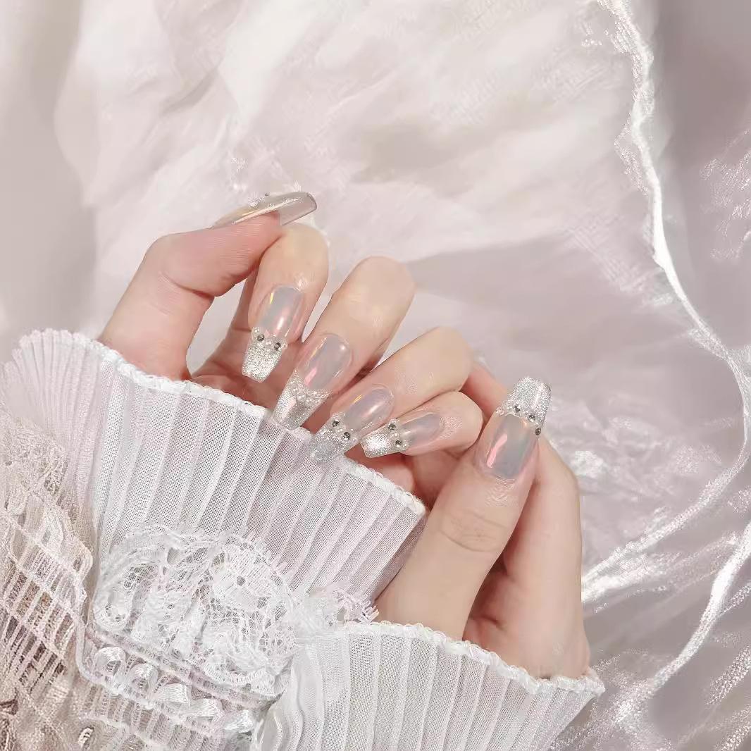 

10 шт./компл., чистые, ручной работы, носимые наклейки для фототерапии ногтей, усовершенствованные французские хрустальные длинные накладные ногти с эффектом кошачьего глаза, съемные L