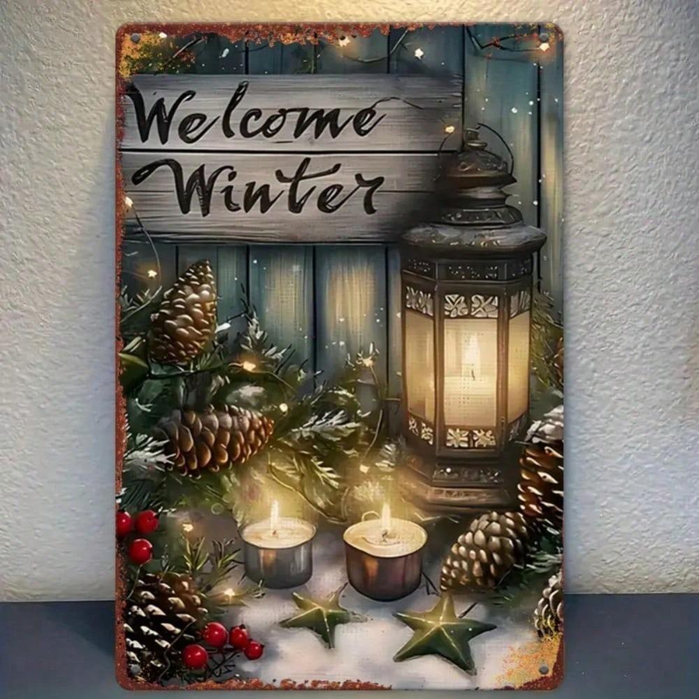2D Winter Iron Sign Lantern with Candle Design, Christmas New Year Outdoor Garden Decor, 12x8 Inch