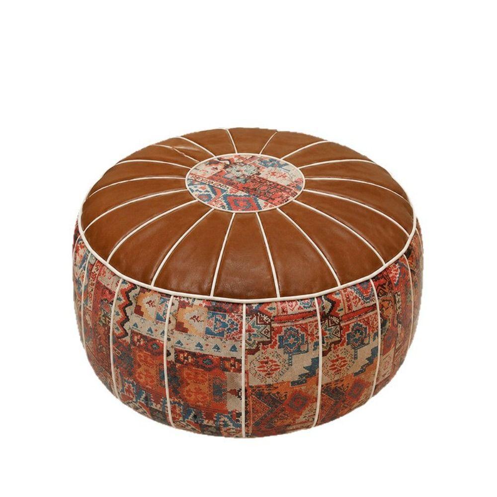 PU Leather Footstool Cover Boho Pattern Storage Ottoman New Round Pouf Cover Living Room