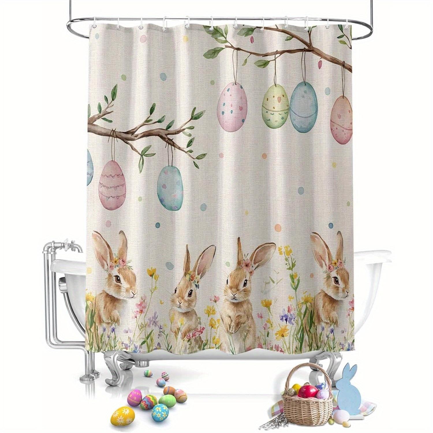 

Easter Egg Rabbits Shower Curtain - Spring Flowers & Bunny Design, Funny Bathroom Decor,Polyester Fabric, Bath Curtain Set W60H190(CM)-1 Pcs