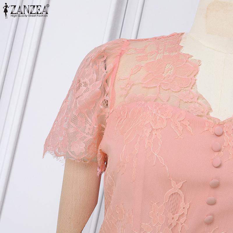 ZANZEA Women Lace Patchwork Summer Casual V-Neck Short Sleeve Blouse