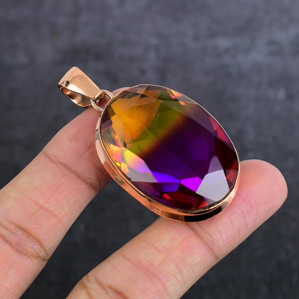 Bi-Color Tourmaline Gemstone Handmade Copper Jewelry Pendant 2.21" I5z76