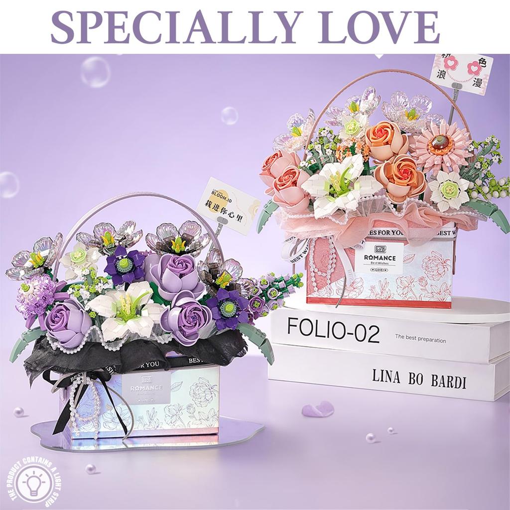 MEIEST Flower Bouquet Building Blocks Model Set Artificial Rose Handheld Gift Box for Valentine's Day Bonsai Plant Building Brick Toy Home Decoration