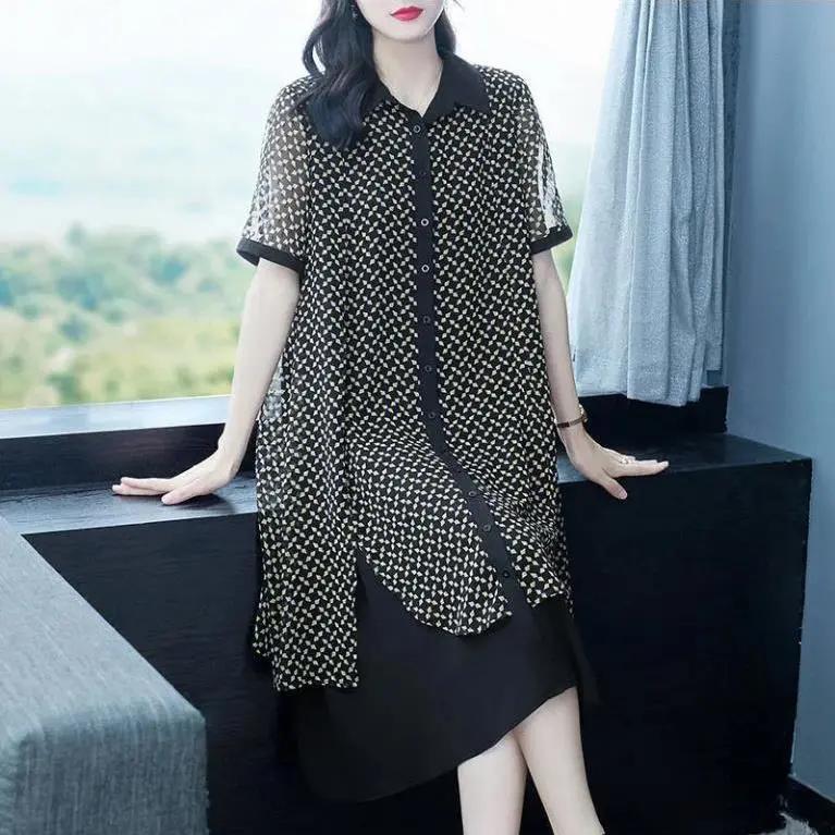 Women's Summer Plus Size Loose Dress, Mid Length Ethnic Style Flip Collar Chiffon Skirt