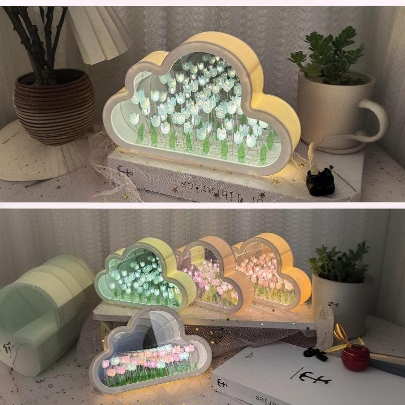 Cloud Shape Tulip Night Light Diy Mirror Flower Atmosphere Lamp Desktop Ornament Creative Handmade Gift For Bedroom Decoration
