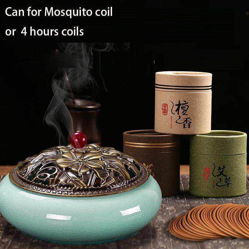 12 Hours Large Mosquito Coil Incense Burner Ceramics Cone Holder with Metal Lid Household with Fireproof Cotton Censer