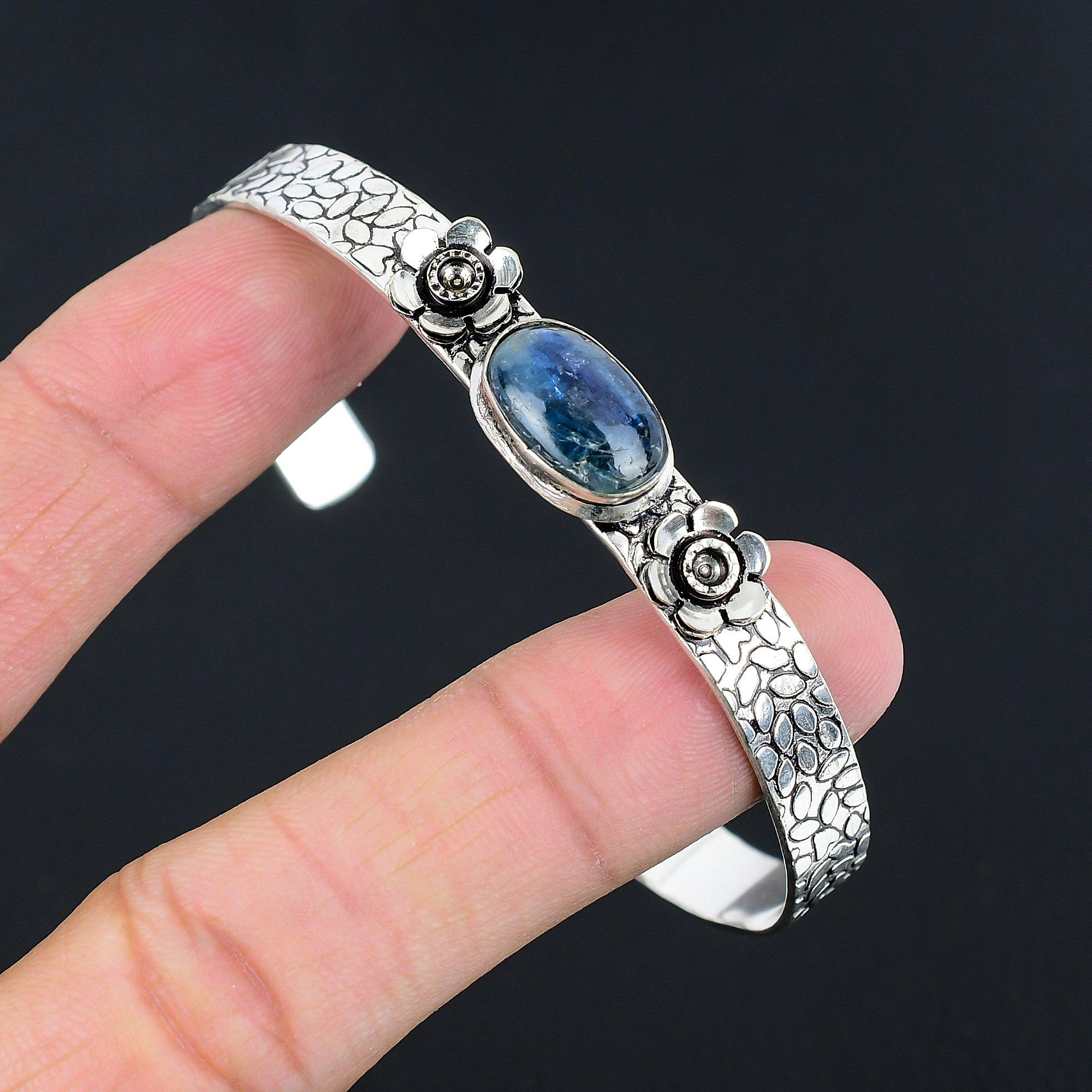 

Wedding Gift For Her 925 Silver Natural Kyanite Bangle Flower Adjustable Adjustable