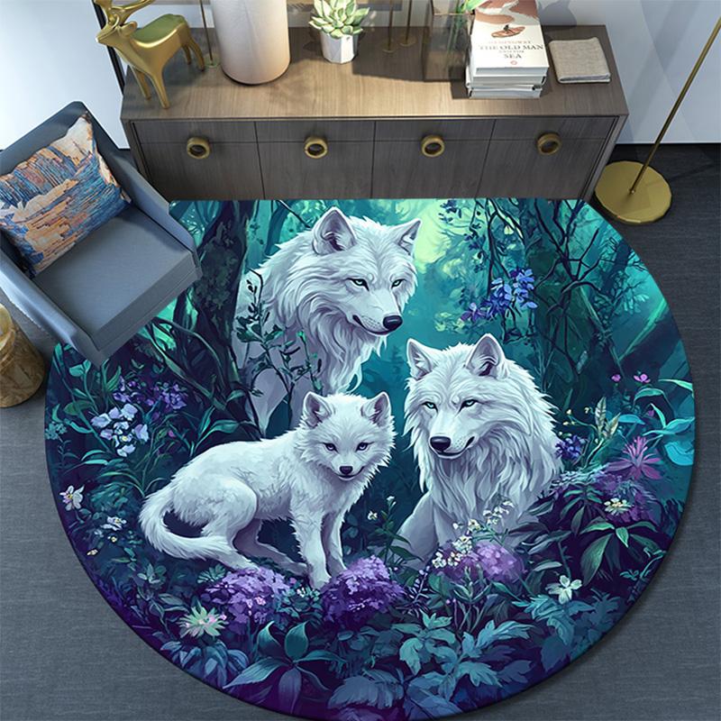 Wolf Family Round Area Rug,Carpet Rug for Living Room Bedroom Sofa Playroom Decor,Non-slip Floor Mat