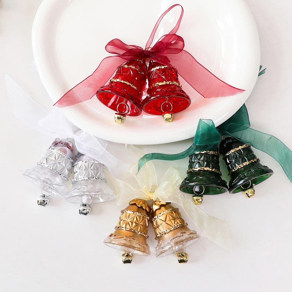 Semi-transparent PET Double Christmas Bells Hanging Ornament with Organza Bow, DIY Xmas Tree Decoration for Holiday Home Decor