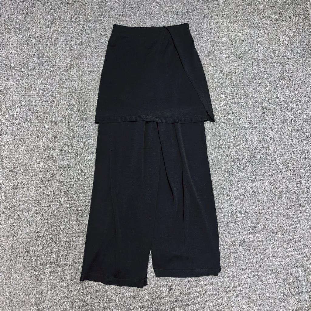 Longmei Women's Knit Wide-Leg Fake Two-Piece Elastic Waist Pants - Spring/Summer 2026 Minimalist Style Straight-Leg Trousers