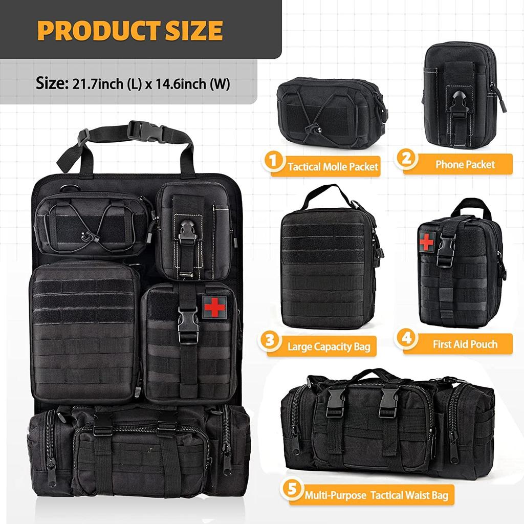 FUNY Tactical Car Seat Back Upgraded Tactical Vehicle Panel Organizer with 5 Removable Molle Universal Fit for Most Vehicles Organizer, Pouches,