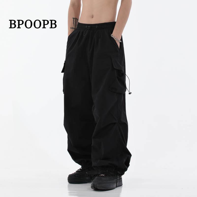 Unisex American Retro Drawstring Overalls: Mid-Waist Waterproof Casual Wide-Leg Pants
