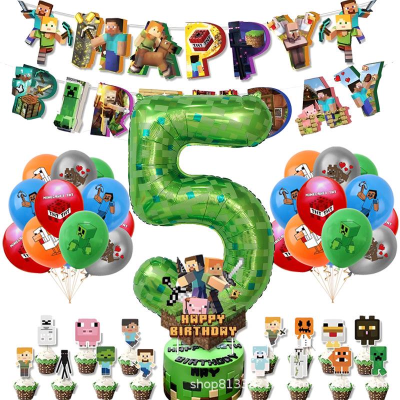 Minecraft-Themed Aluminum Foil Balloon Set: Kid's Birthday Decor with Pull Flags & Number Combination