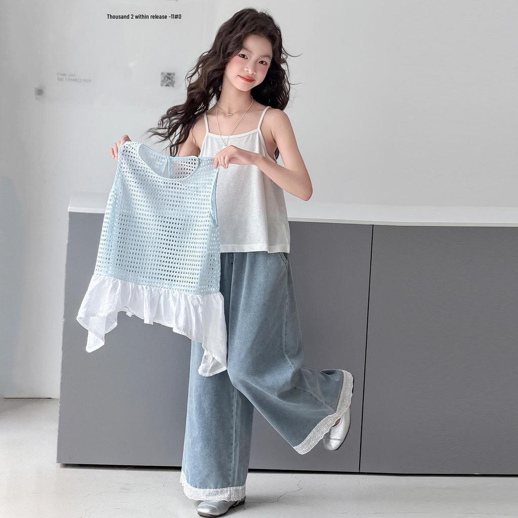 Girls' Korean Style Summer Lace Camisole & Jeans 3-Piece Set