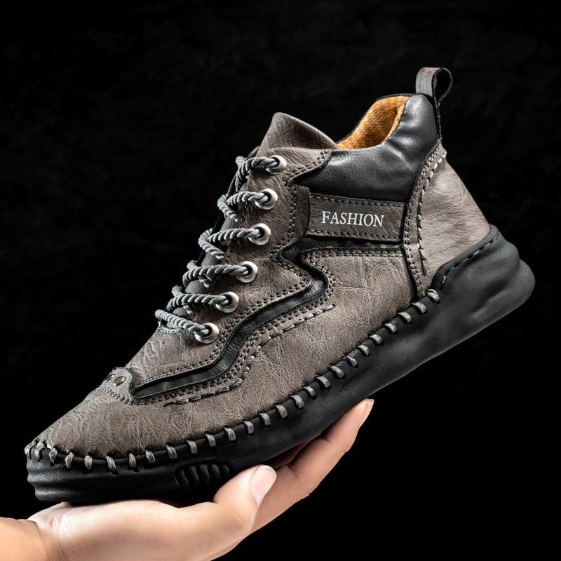 2025 New Men's Casual Shoes Korean Version of Trendy Sports High-top Leather Shoes Handmade Large-size Men's Shoes Wear-resistant Tide