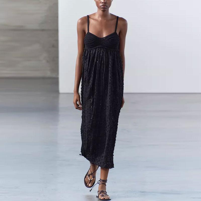 Zara Solid Color Comfortable Midi Slip Dress Women dresses Black