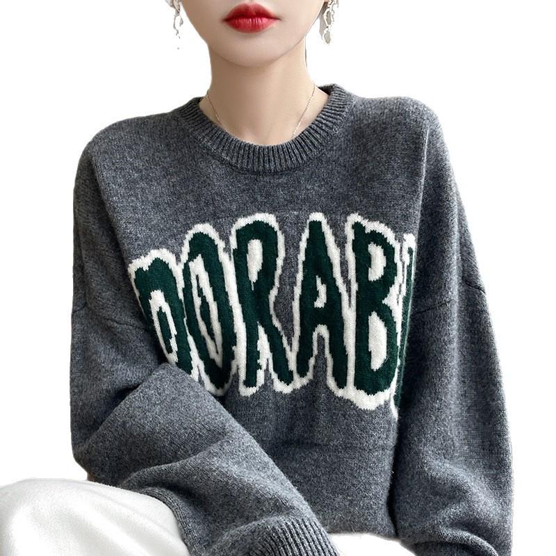 **Women's Korean Style Crew Neck Letter Jacquard Wool Sweater - 2025 Autumn/Winter Collection**