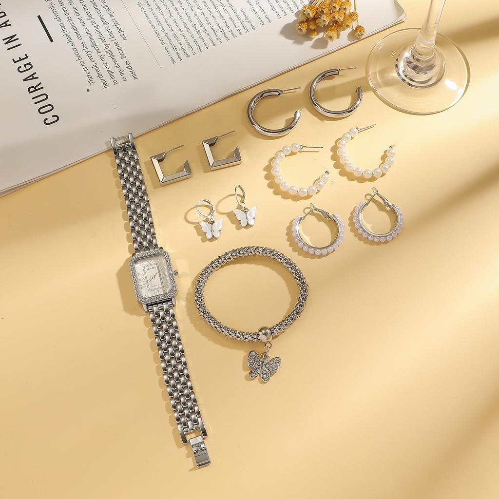 Fashionable simple small square diamond dial with steel strap women's quartz watch set of 12, suitable for Christmas and Hallowe