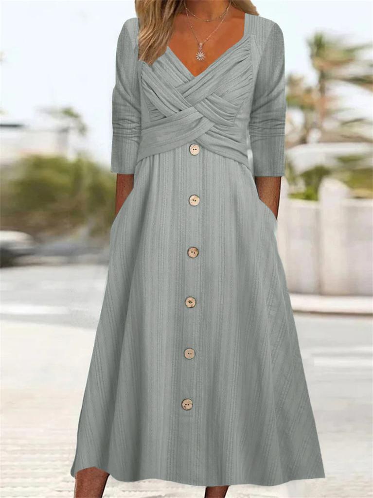 Damen V-Ausschnitt Langarm Midi Kleid Schlanke Passform Hohe Taille Lässiges Tageskleid 2026 Herbst Uni Strick Wickeloptik Knopfleiste A-Linien-Kleid