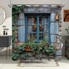 Rustic Stone Wall Bath Curtain - Blue Window & Greenery; Waterproof Home Decor Adds Vintage Charm to Your Bathroom.