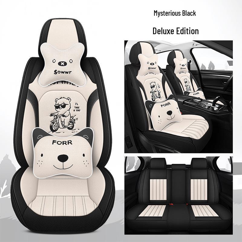 All-Season Linen Car Seat Cover - Breathable, Full Coverage with Cute Cartoon Design for Autumn/Winter