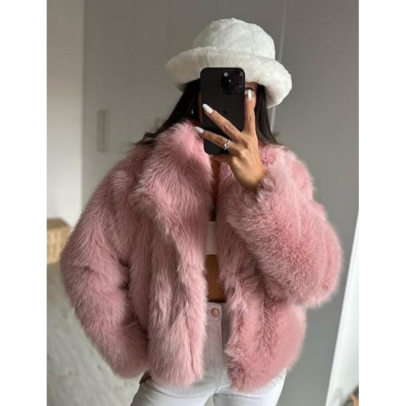 Womens Faux Fur Coat With Collar Long Sleeve Winter Outerwear In White Beige Pink Black Burgundy Coffee Gray