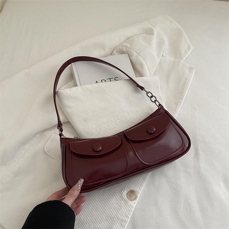 Vintage Double Pocket Design Shoulder Bags for Women Solid Color Ladies Pu Leather Underarm Bag Simple Portable Female Handbags