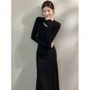 German Velvet Autumn and Winter New Popular Sexy Waist Long Dress Pure Desire Style Spice Girl Temperament Hollow Dress Women
