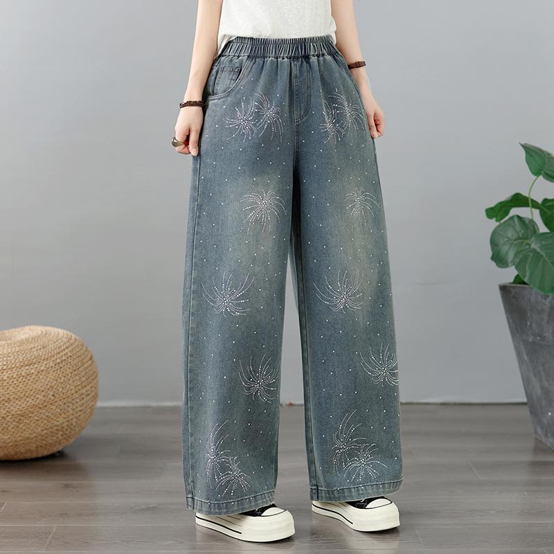 DIMANAF 2026 Summer New Plus Size Women Jeans Elastic Waist Long Pants Beading Loose Casual Denim Cotton Trousers Fashion Lady