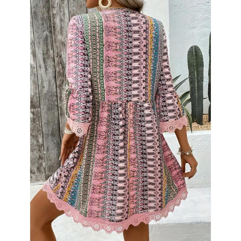VEZFAA Women's Fashion Summer Spring 1/2 Sleeves V-Neck Loose Waistlinet Casual Dresses