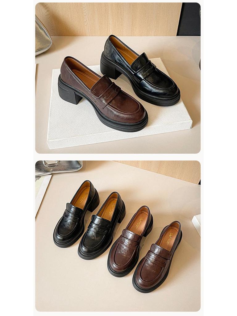 Weiwei Girl Vintage Slip-On Loafers: Chunky Heel, Thick-Soled, British-Style Women's Leather Shoes.
