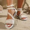Women's Flat Sandals with Ankle Tie Straps and Pearl Embellishments Vintage Style Open Toe Summer Footwear for Casual Wear
